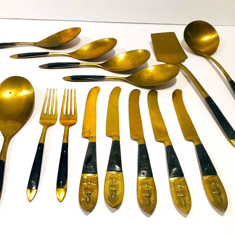 Antique Bronze Siam Thai Teak Wood Handles 1950’s Flatware Set 14 Pieces.